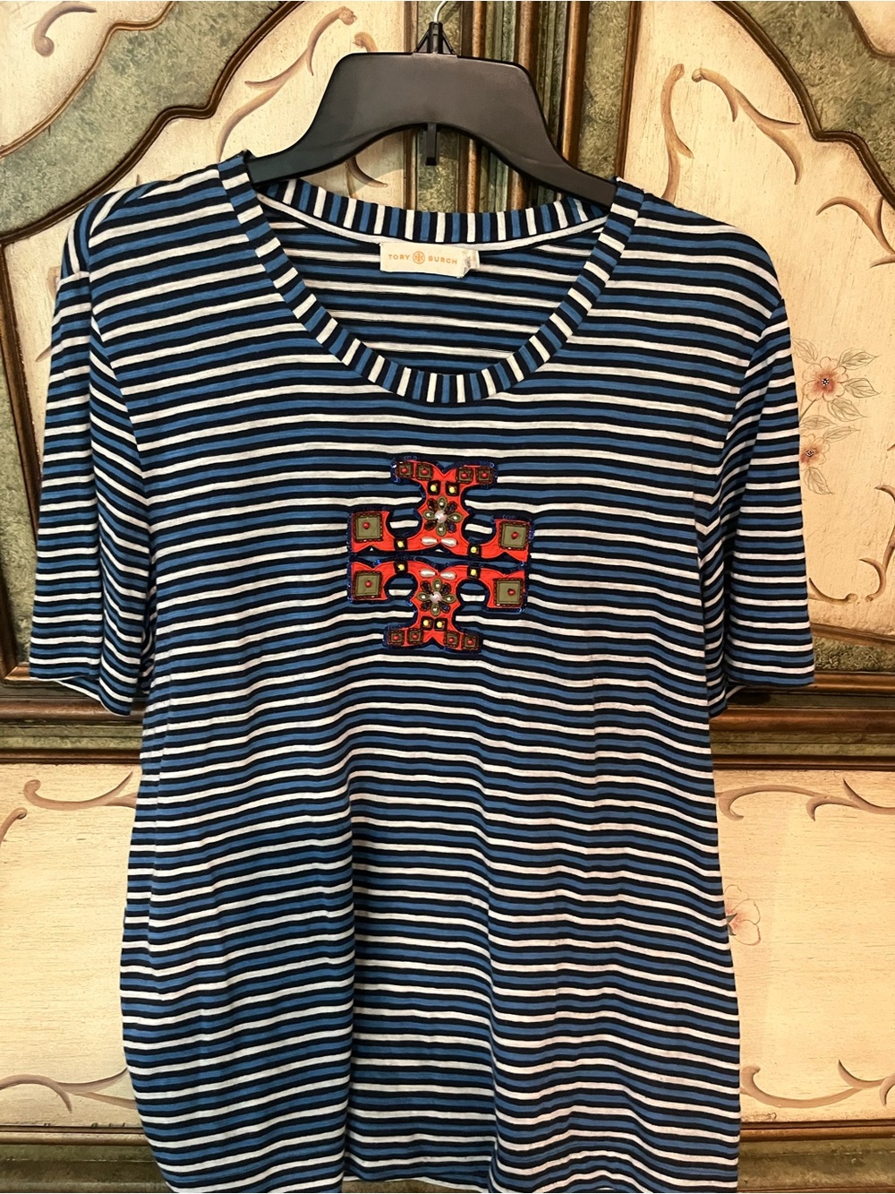 Tory Burch Navy & White Striped Short-Sleeve Tee with Embroidered Logo Patch